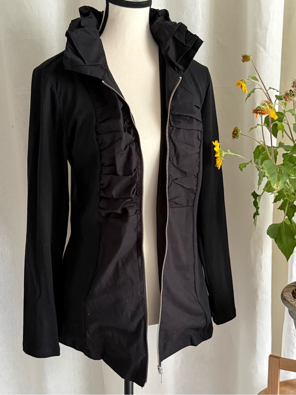 Soft Surroundings NWOT Jacket Coat S Small Blazer Top Cotton Zip Ruched Ruffle